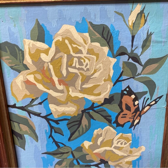 Vintage 60’s Hand Painted Rose And Butterfly Framed Artwork - Picture 4 of 7